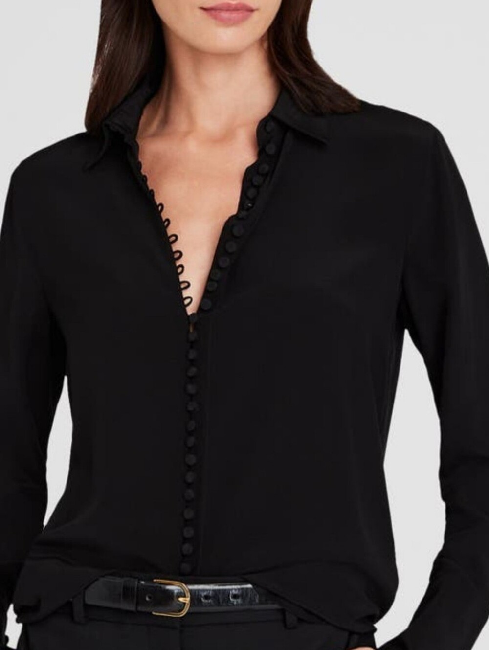 CLUB Monaco Helek 100% Silk Black Button-Front Blouse Sz XS Quiet Luxury